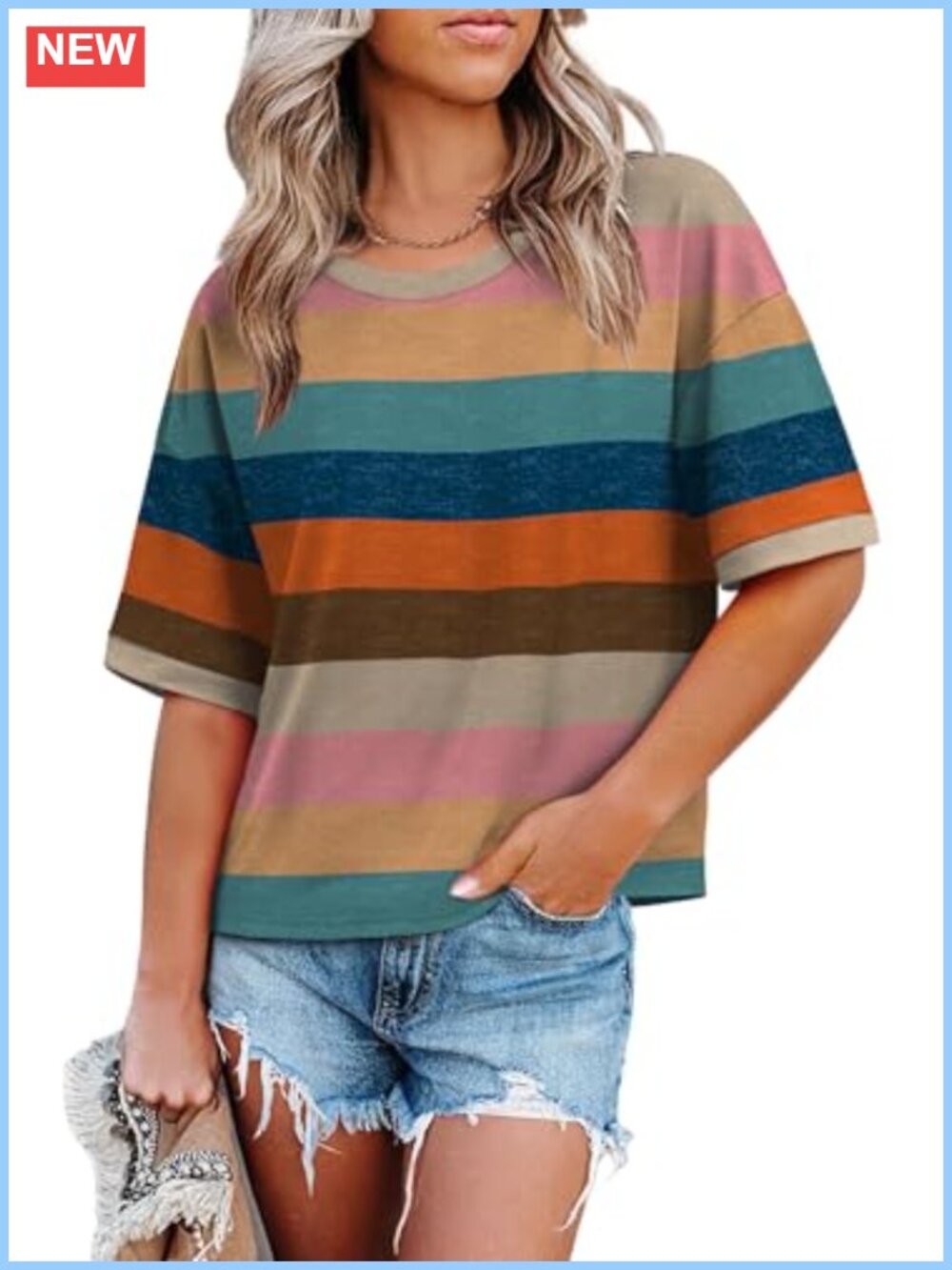 Womens Oversized Color Block T-Shirt Loose Fit Half Sleeve Crew Neck Summer Top